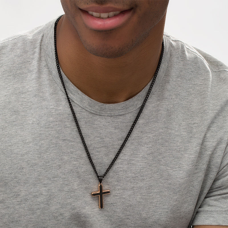 Men's Bevelled Edge Cross Pendant in Stainless Steel with Black and Rose IP - 24"|Peoples Jewellers