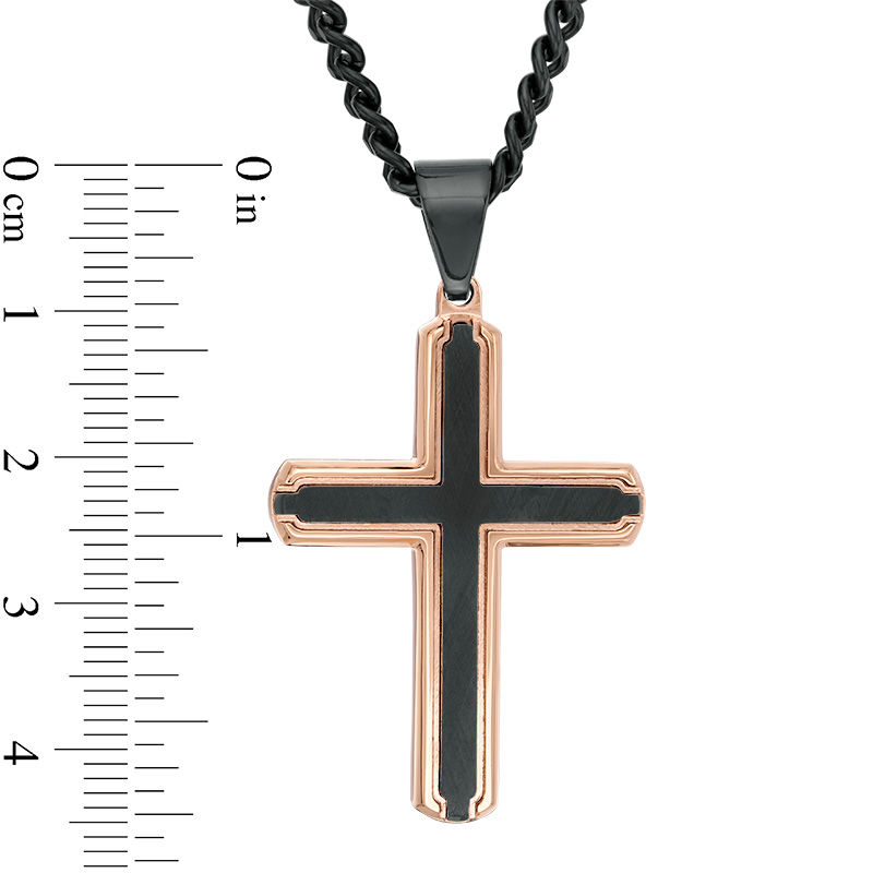 Men's Bevelled Edge Cross Pendant in Stainless Steel with Black and Rose IP - 24"|Peoples Jewellers