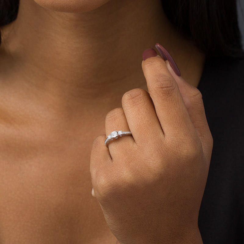 Main Image 2 of Engravable 1/4 CT. T.W. Diamond Three Stone Promise Ring in 10K White, Yellow or Rose Gold (1 Line)