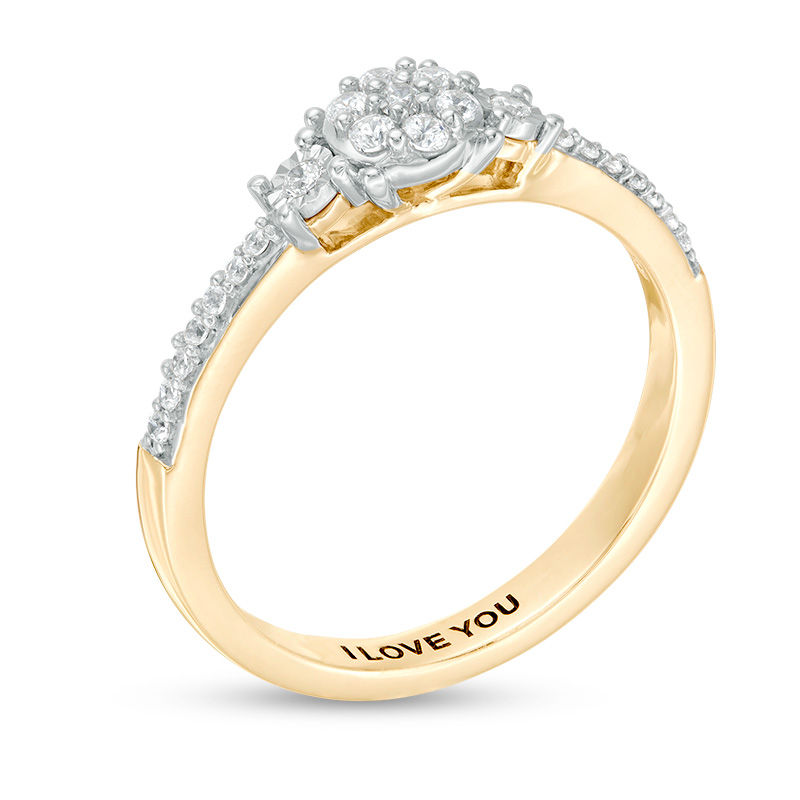 Main Image 3 of Engravable 1/5 CT. T.W. Composite Diamond Three Stone Promise Ring in 10K White, Yellow or Rose Gold (1 Line)