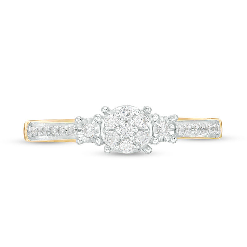 Main Image 4 of Engravable 1/5 CT. T.W. Composite Diamond Three Stone Promise Ring in 10K White, Yellow or Rose Gold (1 Line)