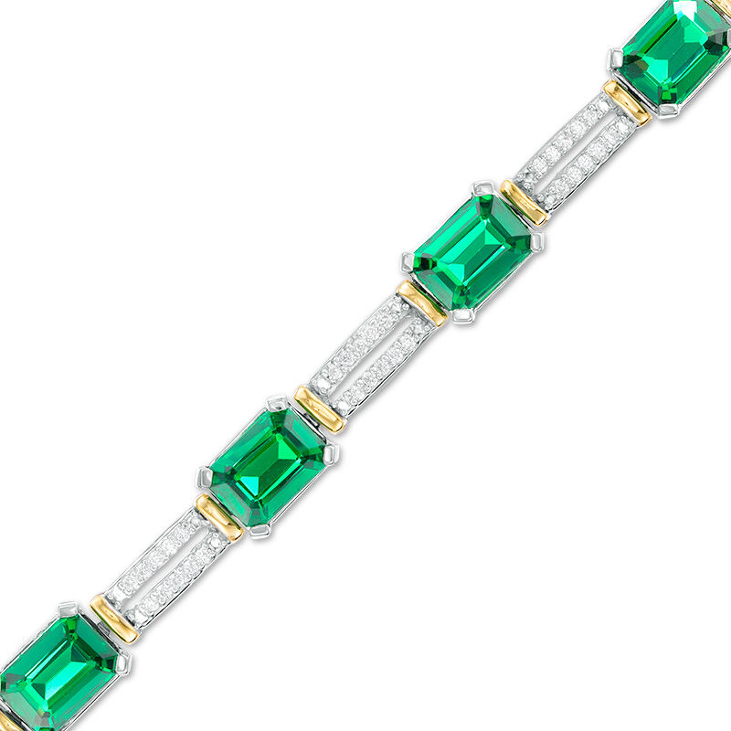 Emerald-Cut Lab-Created Emerald and 0.45 CT. T.W. Diamond Double Row Bracelet in Sterling Silver and 10K Gold - 7.5"