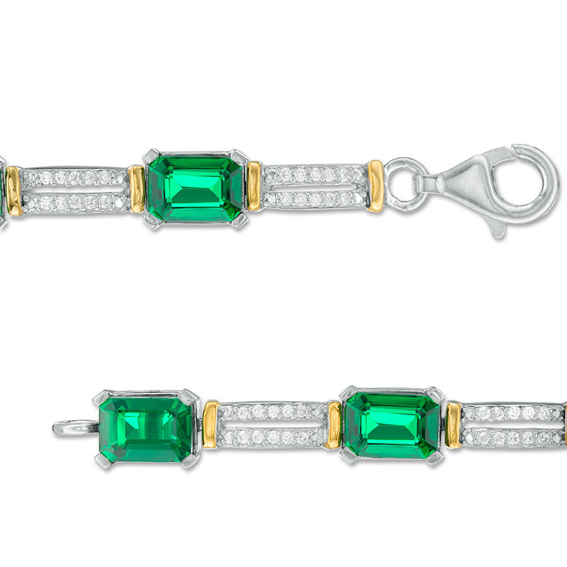 Main Image 2 of Emerald-Cut Lab-Created Emerald and 0.45 CT. T.W. Diamond Double Row Bracelet in Sterling Silver and 10K Gold - 7.5"