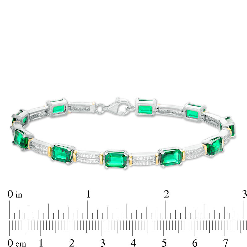 Emerald-Cut Lab-Created Emerald and 0.45 CT. T.W. Diamond Double Row Bracelet in Sterling Silver and 10K Gold - 7.5"