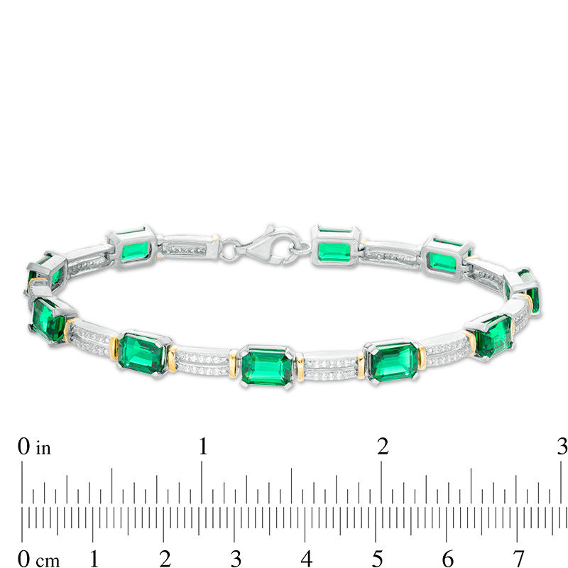 Main Image 3 of Emerald-Cut Lab-Created Emerald and 0.45 CT. T.W. Diamond Double Row Bracelet in Sterling Silver and 10K Gold - 7.5"