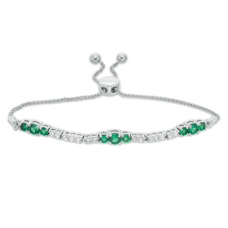 Lab-Created Emerald and White Sapphire Three Stone Station Bolo Bracelet in Sterling Silver - 9.5"|Peoples Jewellers