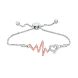 Lab-Created White Sapphire Heart Outline and Heartbeat Bolo Bracelet in Sterling Silver and 10K Rose Gold - 9.5"