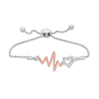 Lab-Created White Sapphire Heart Outline and Heartbeat Bolo Bracelet in Sterling Silver and 10K Rose Gold - 9.5"