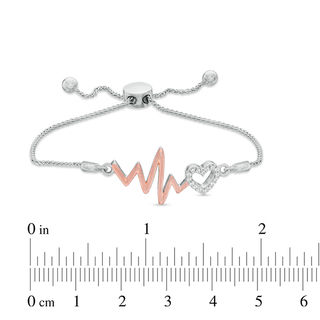 Lab-Created White Sapphire Heart Outline and Heartbeat Bolo Bracelet in Sterling Silver and 10K Rose Gold - 9.5"