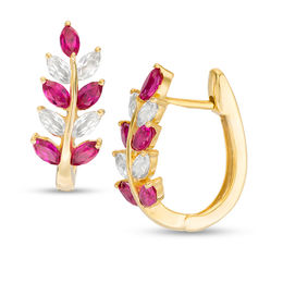 Marquise Lab-Created Ruby and White Sapphire Leaf Branch Hoop Earrings in Sterling Silver with 14K Gold Plate