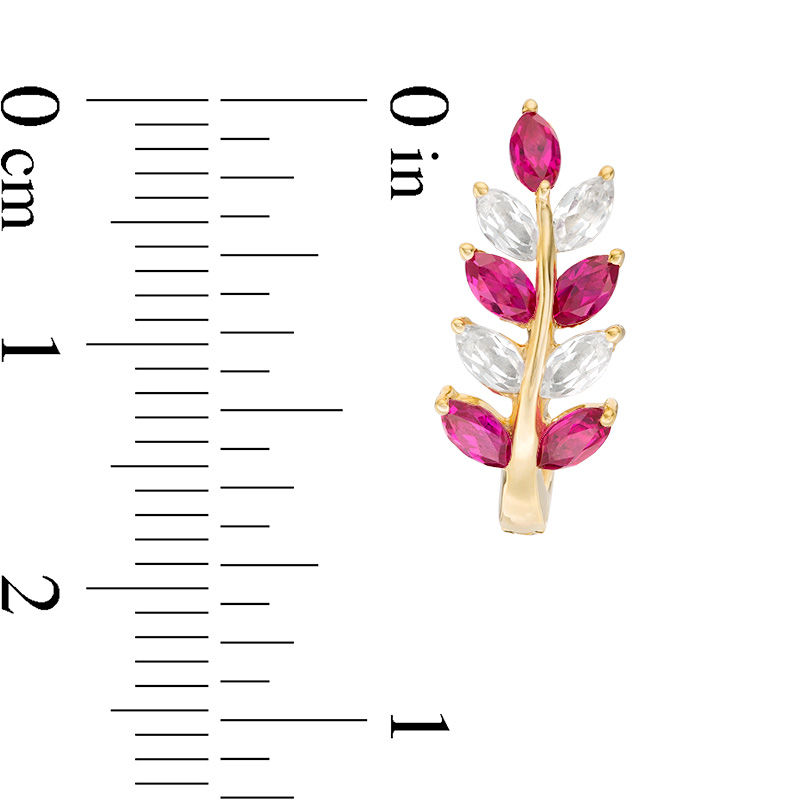 Main Image 2 of Marquise Lab-Created Ruby and White Sapphire Leaf Branch Hoop Earrings in Sterling Silver with 14K Gold Plate