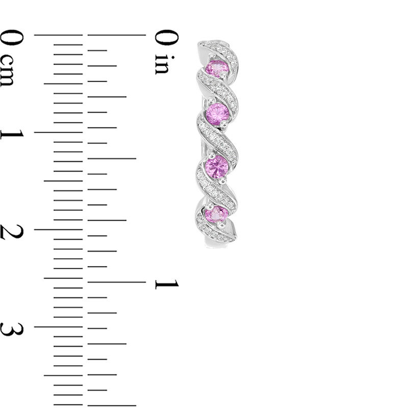 Main Image 2 of Lab-Created Pink Sapphire and 0.119 CT. T.W. Diamond Cascading Hoop Earrings in Sterling Silver