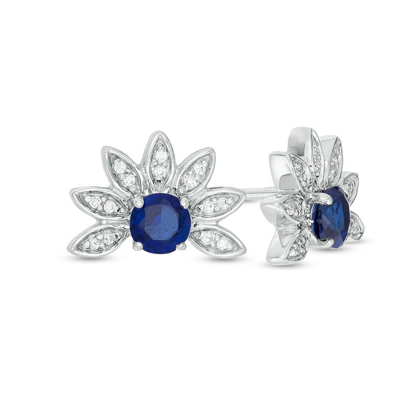 4.0mm Lab-Created Blue Sapphire and 0.086 CT. T.W. Diamond Flower Petals Stud Earrings in Sterling Silver