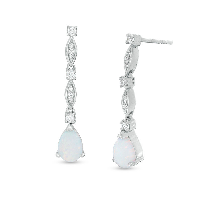 Pear-Shaped Lab-Created Opal and 0.18 CT. T.W. Diamond Drop Earrings in Sterling Silver|Peoples Jewellers