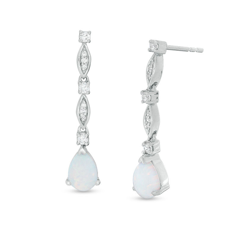 Pear-Shaped Lab-Created Opal and 0.18 CT. T.W. Diamond Drop Earrings in Sterling Silver