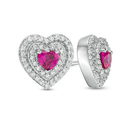 4.0mm Heart-Shaped Lab-Created Ruby and White Sapphire Double Frame Stud Earrings in Sterling Silver