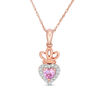 Thumbnail Image 0 of Lab-Created Pink and White Sapphire Frame Heart with Crown Pendant in 10K Rose Gold