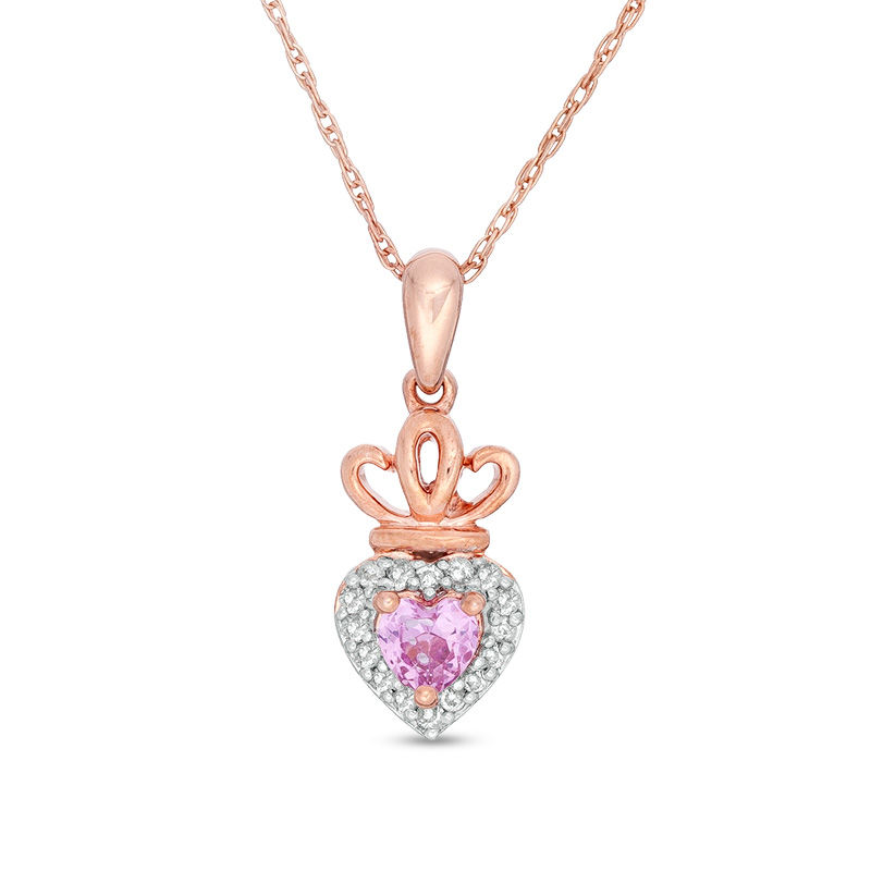 Lab-Created Pink and White Sapphire Frame Heart with Crown Pendant in 10K Rose Gold