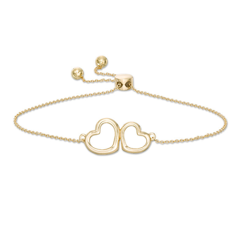 Double Heart Outline Bolo Bracelet in 10K Gold - 9.5"|Peoples Jewellers