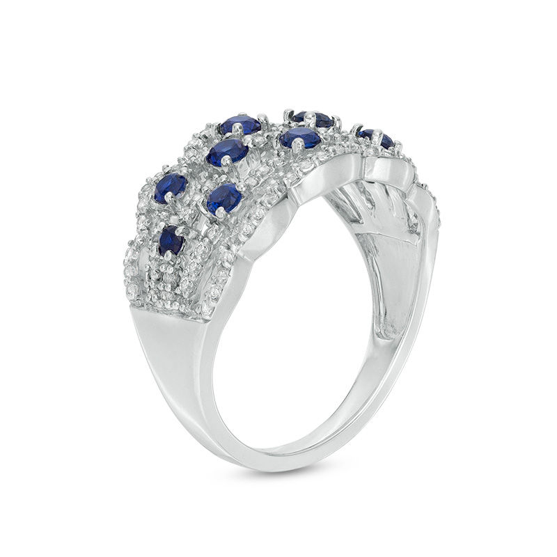 Main Image 2 of Lab-Created Blue and White Sapphire Scallop Edge Orbit Ring in Sterling Silver