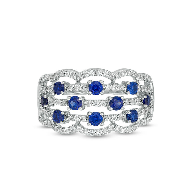 Main Image 3 of Lab-Created Blue and White Sapphire Scallop Edge Orbit Ring in Sterling Silver