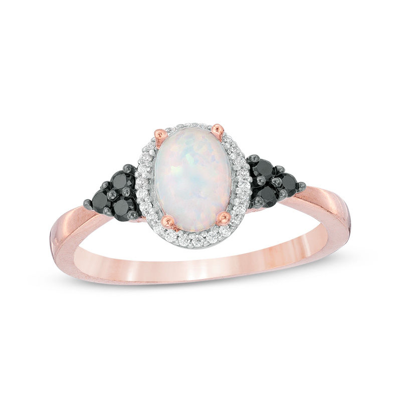 Oval Lab-Created Opal and 0.145 CT. T.W. Enhanced Black and White Diamond Frame Tri-Sides Ring in 10K Rose Gold