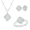 Thumbnail Image 0 of 0.17 CT. T.W. Composite Diamond Cushion Weave Frame Pendant, Stud Earrings and Ring Set in Sterling Silver - Size 7