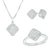 Thumbnail Image 1 of 0.17 CT. T.W. Composite Diamond Cushion Weave Frame Pendant, Stud Earrings and Ring Set in Sterling Silver - Size 7
