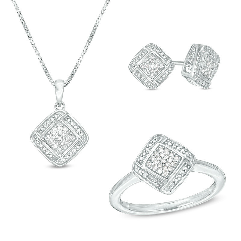 0.17 CT. T.W. Composite Diamond Cushion Weave Frame Pendant, Stud Earrings and Ring Set in Sterling Silver - Size 7