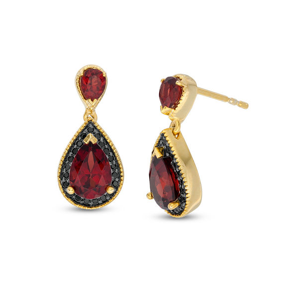 Pear-Shaped Garnet and 0.145 CT. T.W. Black Diamond Drop Vintage-Style Earrings in 10K Gold