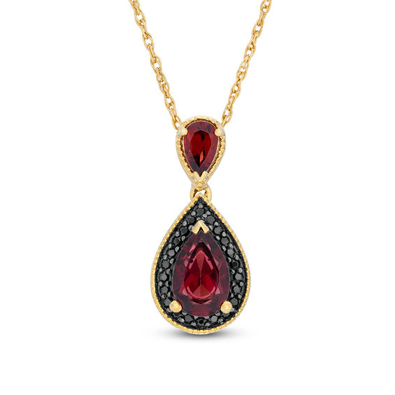 Pear-Shaped Garnet and 0.085 CT. T.W. Black Diamond Frame Vintage-Style Drop Pendant in 10K Gold