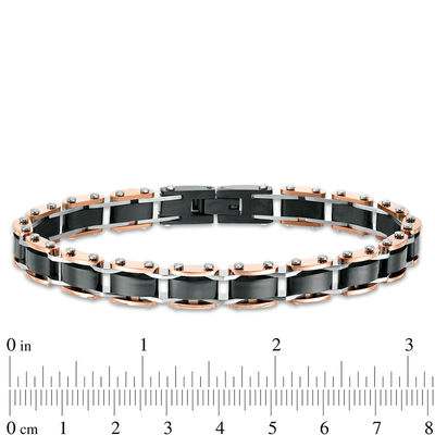 Men's Triple Row Rectangle Link Bracelet in Stainless Steel and Black and Rose IP - 8.5"