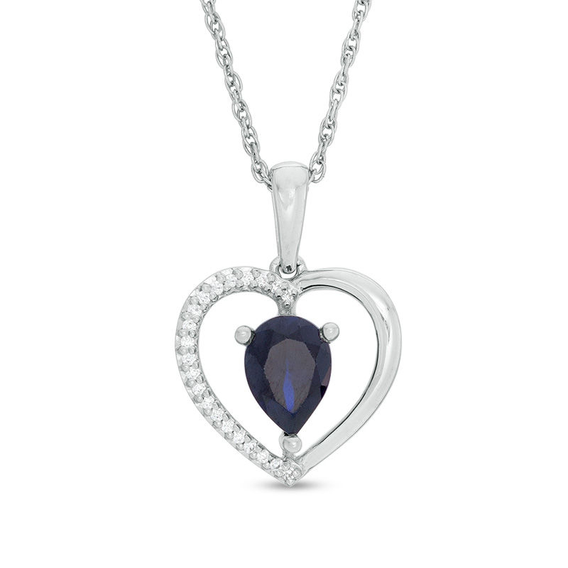 Pear-Shaped Lab-Created Blue Sapphire and 0.04 CT. T.W. Diamond Heart Pendant in Sterling Silver