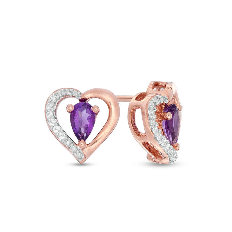 Pear-Shaped Amethyst and 0.04 CT. T.W. Diamond Heart Stud Earrings in 10K Rose Gold