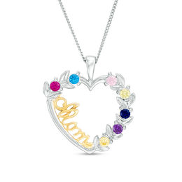 Birthstone Leaves "Mom" Heart Pendant (3-7 Stones)