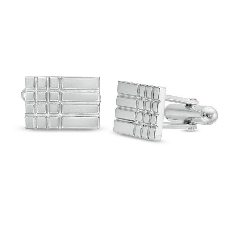 Men's Horizontal Bar and Grid Pattern Cuff Links in Sterling Silver