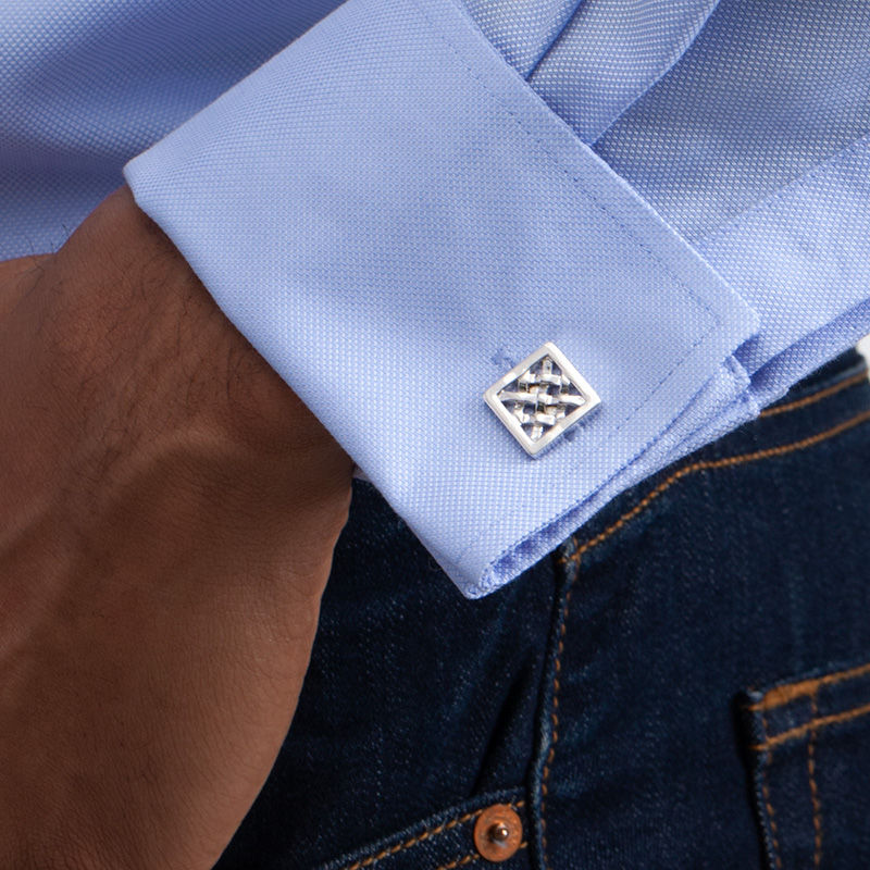 Main Image 2 of Men's Square Frame Criss-Cross Pattern Cuff Links in Sterling Silver