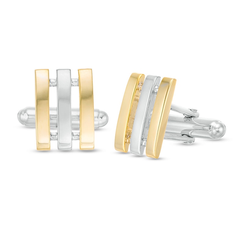 Split Triple Bar Cuff Links in Sterling Silver and 14K Gold Plate