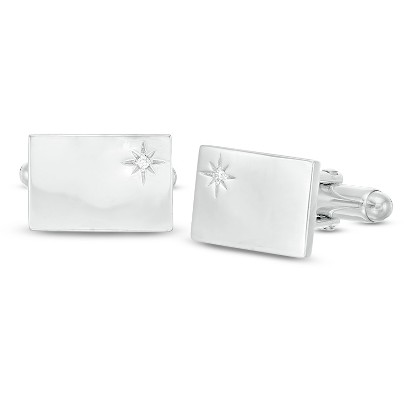 Diamond Accent Starburst Rectangular Cuff Links in Sterling Silver