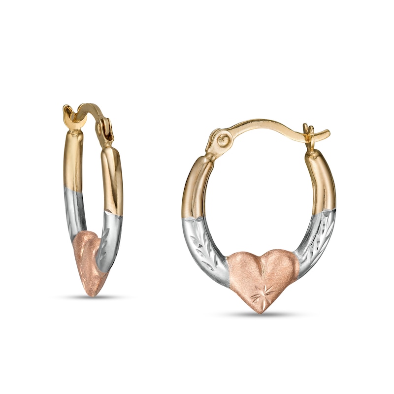 Main Image 1 of 17.0mm Multi-Finish with Puff Heart Tube Huggie Hoop Earrings in 14K Tri-Tone Gold