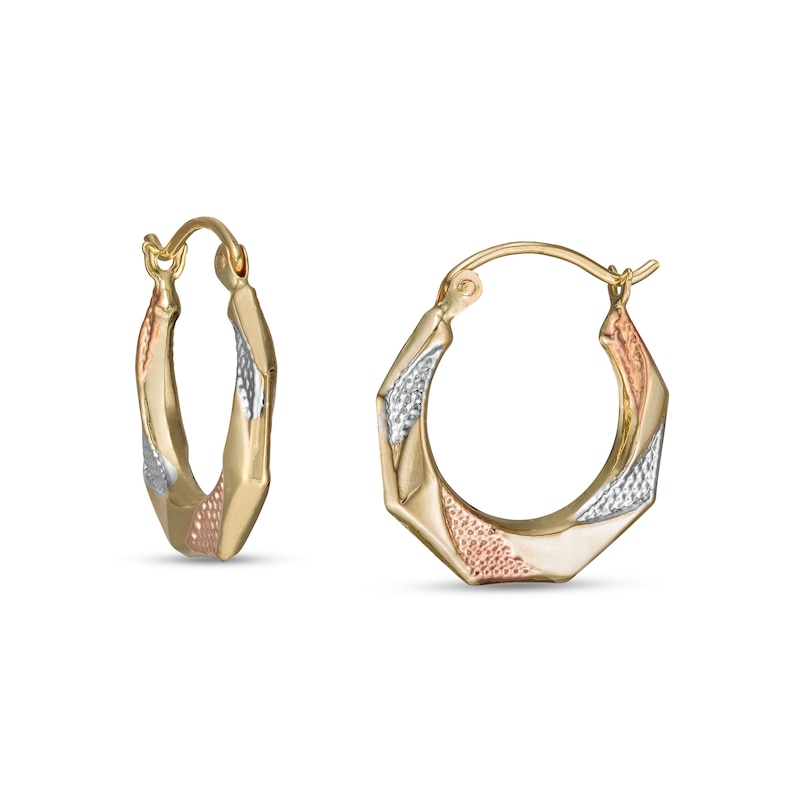 18.0mm Multi-Finish Twist Geometric Tube Hoop Earrings in 14K Tri-Tone Gold|Peoples Jewellers