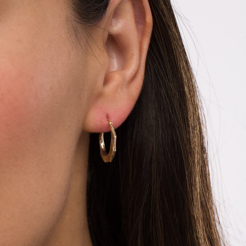 Main Image 2 of 18.0mm Multi-Finish Twist Geometric Tube Hoop Earrings in 14K Tri-Tone Gold