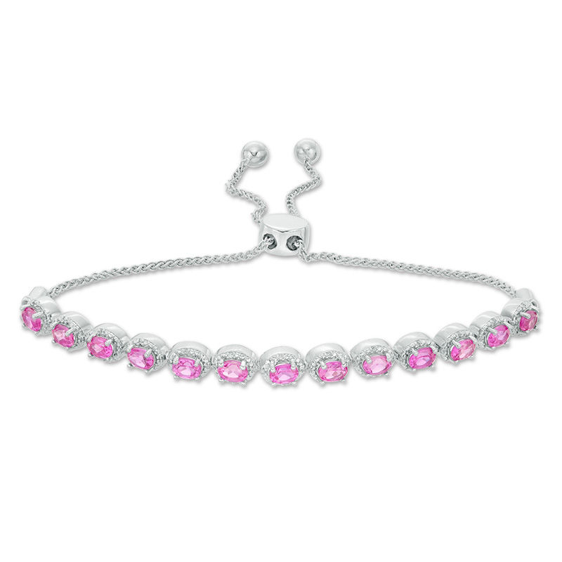 Oval Lab-Created Pink Sapphire and 0.086 CT. T.W. Diamond Frame Bolo Bracelet in Sterling Silver - 9.5"|Peoples Jewellers