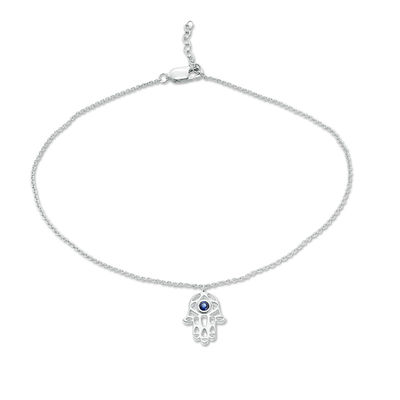 Lab-Created Blue Sapphire Solitaire Hamsa Dangle Anklet in Sterling Silver - 10"