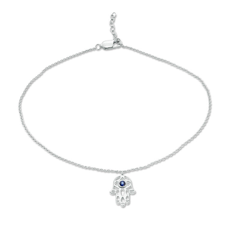 Lab-Created Blue Sapphire Solitaire Hamsa Dangle Anklet in Sterling Silver - 10"