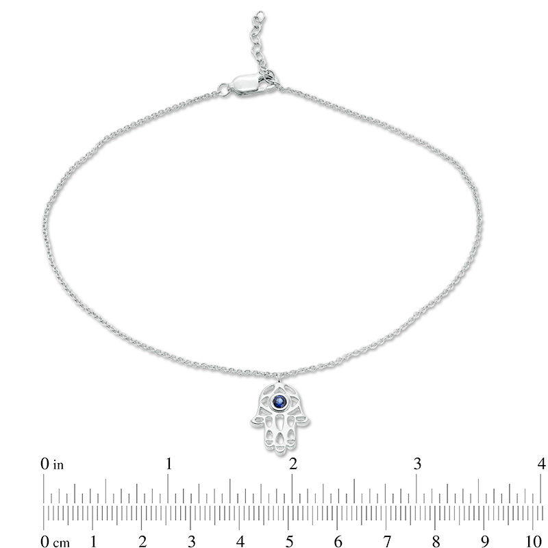Lab-Created Blue Sapphire Solitaire Hamsa Dangle Anklet in Sterling Silver - 10"