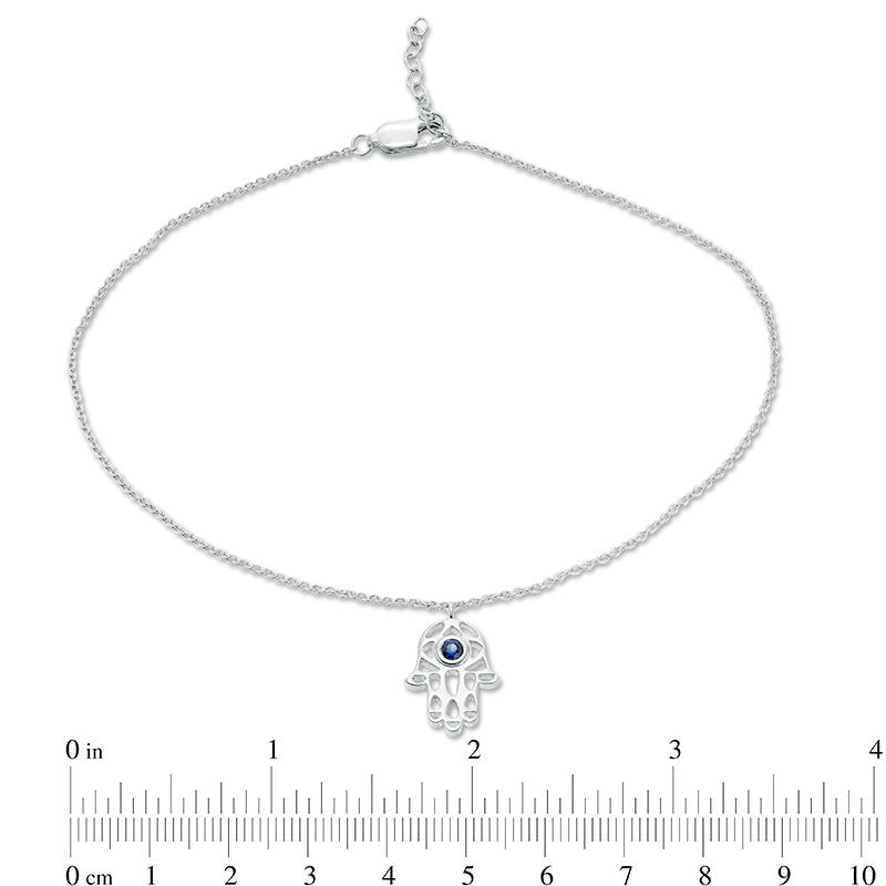 Main Image 3 of Lab-Created Blue Sapphire Solitaire Hamsa Dangle Anklet in Sterling Silver - 10"