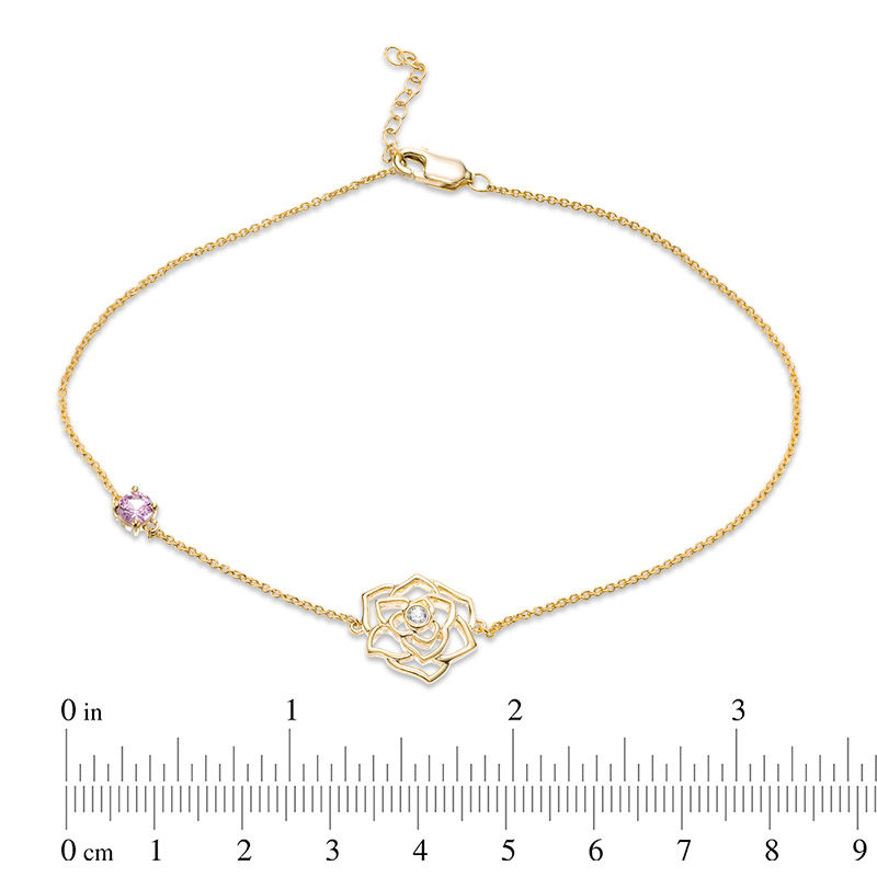 Main Image 2 of 4.0mm Lab-Created Pink and White Sapphire Rose Anklet in 10K Gold - 10"