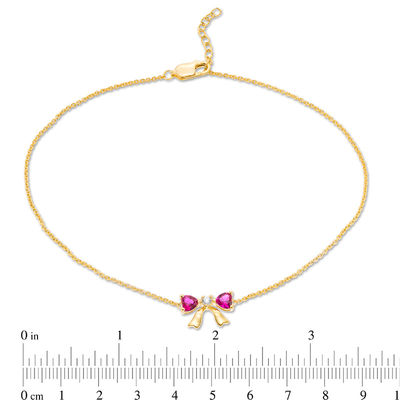 4.0mm Heart-Shaped Lab-Created Ruby and White Sapphire Bow Anklet in 10K Gold - 10"