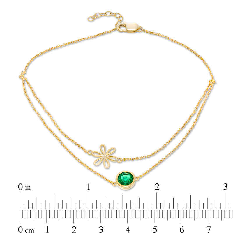 Main Image 2 of 6.0mm Lab-Created Emerald Solitaire and Daisy Outline Double Strand Anklet in 10K Gold - 10"